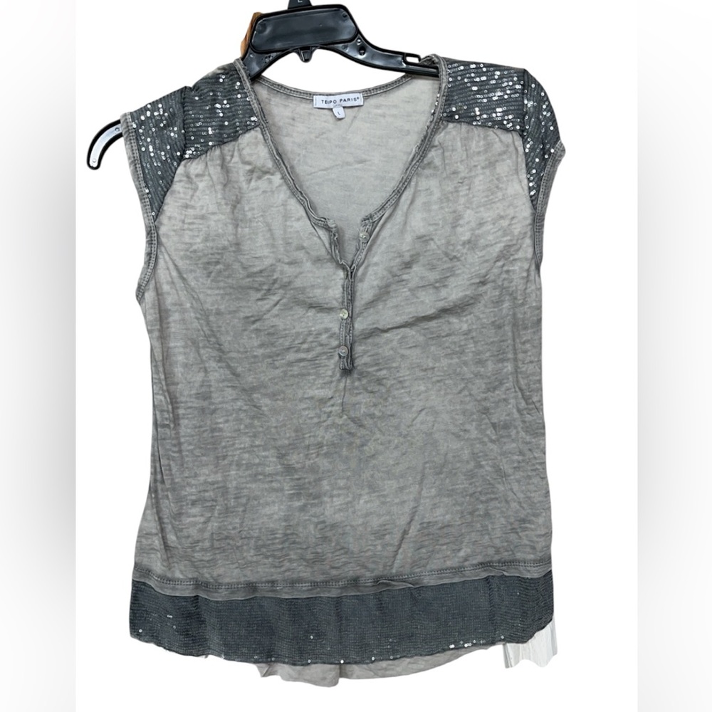 Metallic Gray Cap Sleeve Blouse